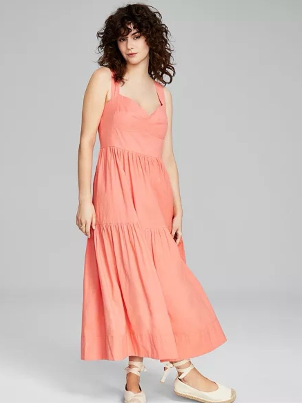 And Now This Sweetheart Neck Midi Dress Large New Peach Linen Sleeveless Tiered